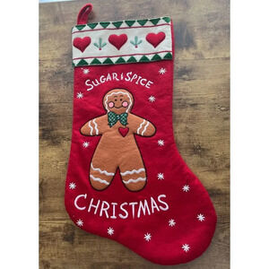 Sugar & Spice Christmas Red Stocking Embroidery Gingerbread Man 6X19